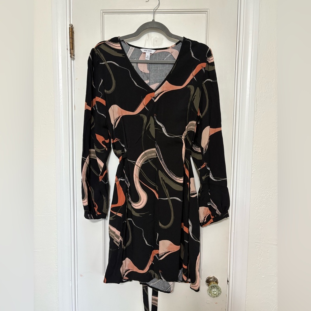 Nine West Abstract Black and Orange Long Sleeve Dress
